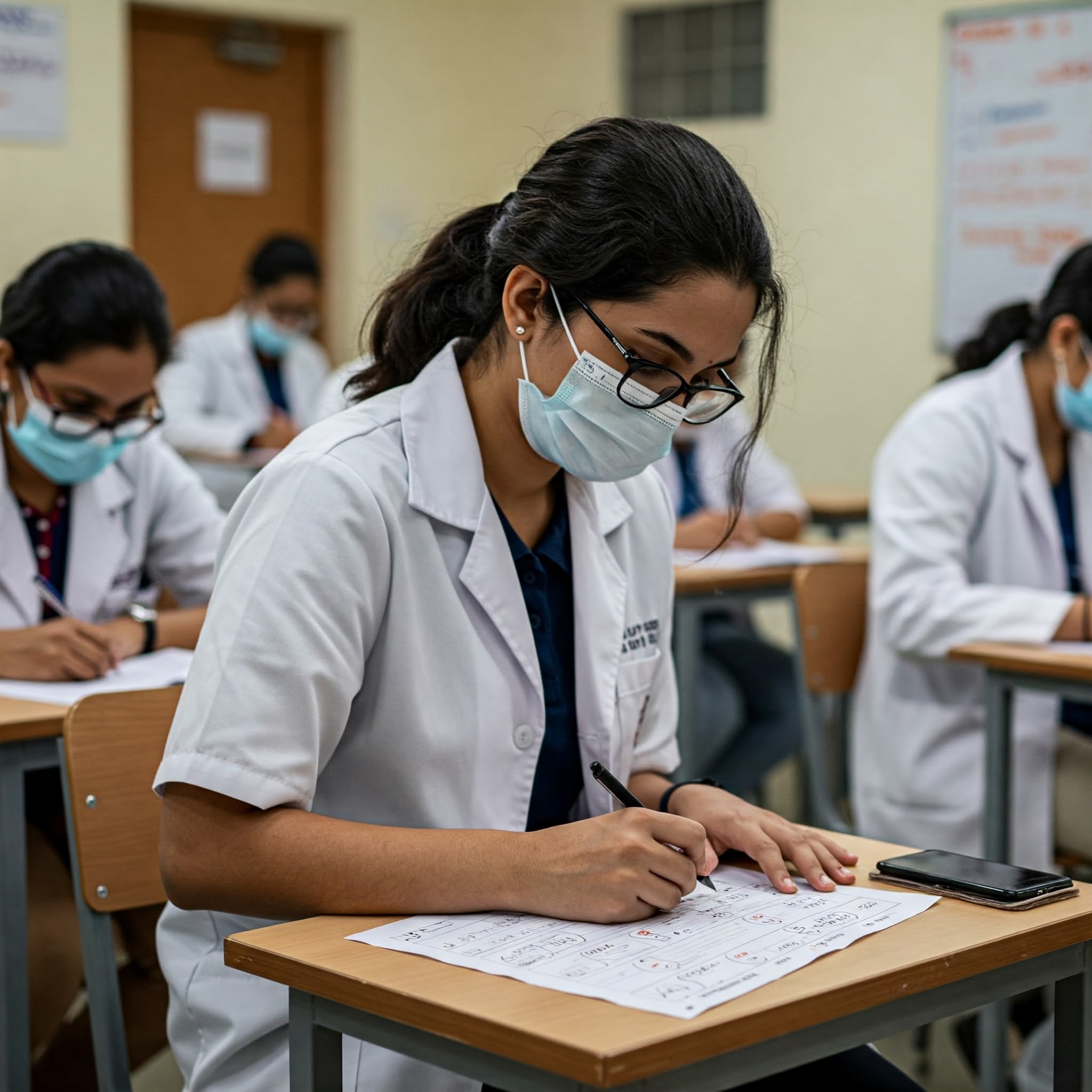 आधुनिक परीक्षा केंद्र में NEET MDS परीक्षा देते हुए एक एकाग्र दंत छात्र, कंप्यूटर स्क्रीन पर प्रश्न, पृष्ठभूमि में डिजिटल घड़ी।
